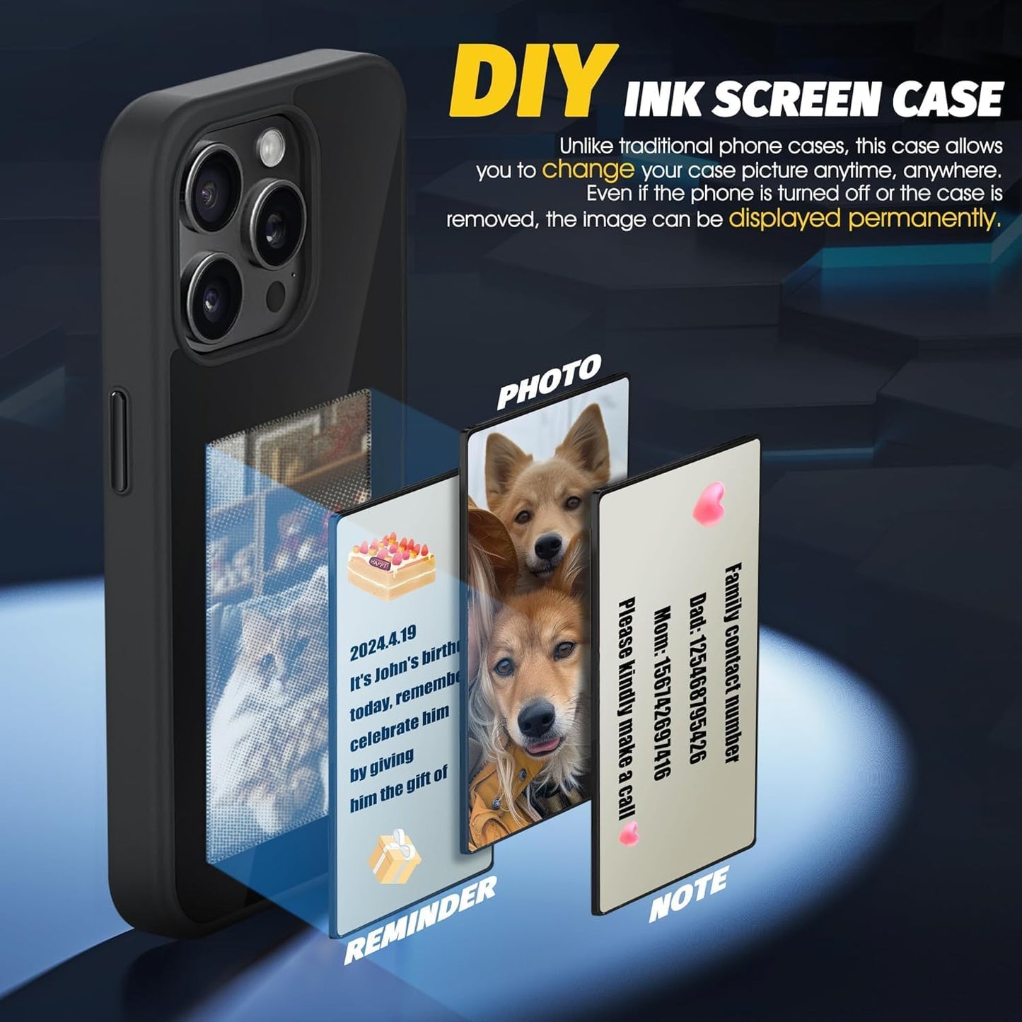 "Custom NFC-Synced iPhone Case with E-Ink Display – Personalize Your Phone Anytime!"